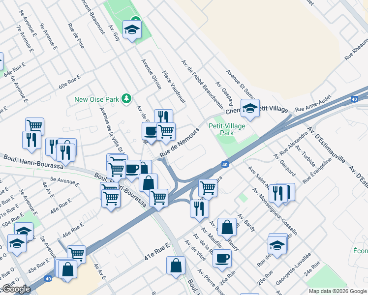 map of restaurants, bars, coffee shops, grocery stores, and more near 4405 Monelier Road in Québec City