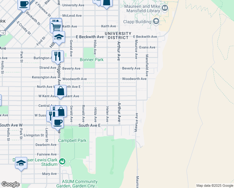 map of restaurants, bars, coffee shops, grocery stores, and more near 540 East Kent Avenue in Missoula