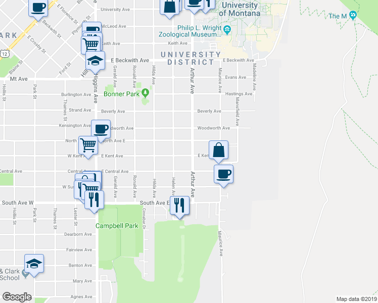 map of restaurants, bars, coffee shops, grocery stores, and more near 540 North Avenue East in Missoula