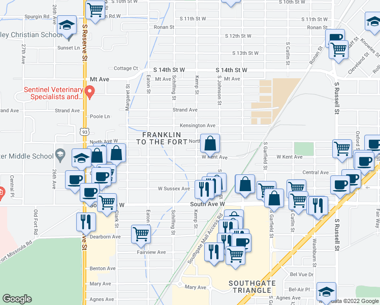 map of restaurants, bars, coffee shops, grocery stores, and more near in Missoula