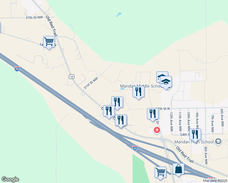 map of restaurants, bars, coffee shops, grocery stores, and more near Hillside Road Northwest in Mandan