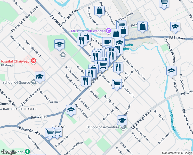 map of restaurants, bars, coffee shops, grocery stores, and more near 280 Rue Racine in Québec