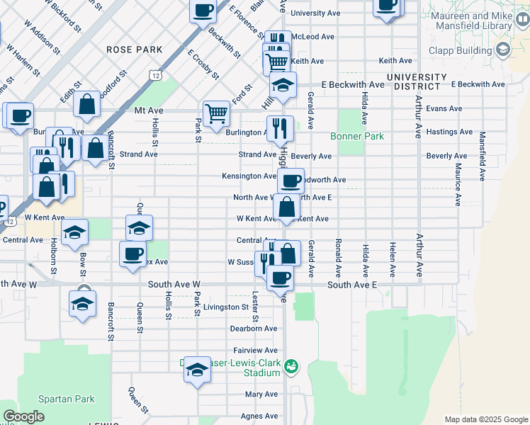 map of restaurants, bars, coffee shops, grocery stores, and more near 120 West Kent Avenue in Missoula
