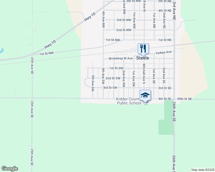 map of restaurants, bars, coffee shops, grocery stores, and more near 449-499 2nd Street Southwest in Steele
