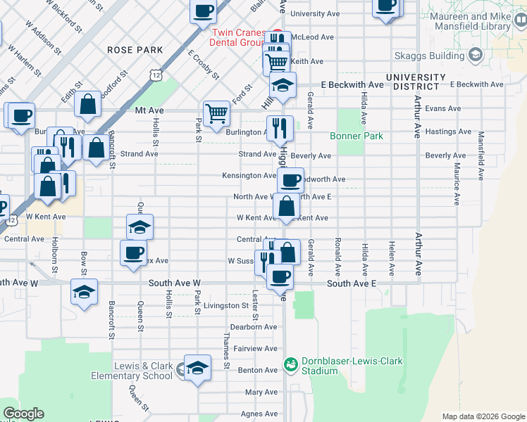 map of restaurants, bars, coffee shops, grocery stores, and more near 130 West Kent Avenue in Missoula