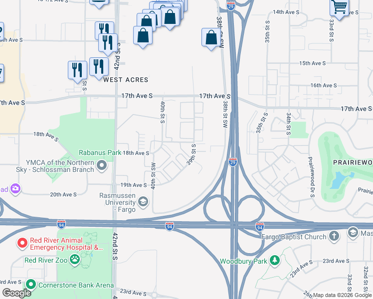 map of restaurants, bars, coffee shops, grocery stores, and more near 1801 39th Street South in Fargo