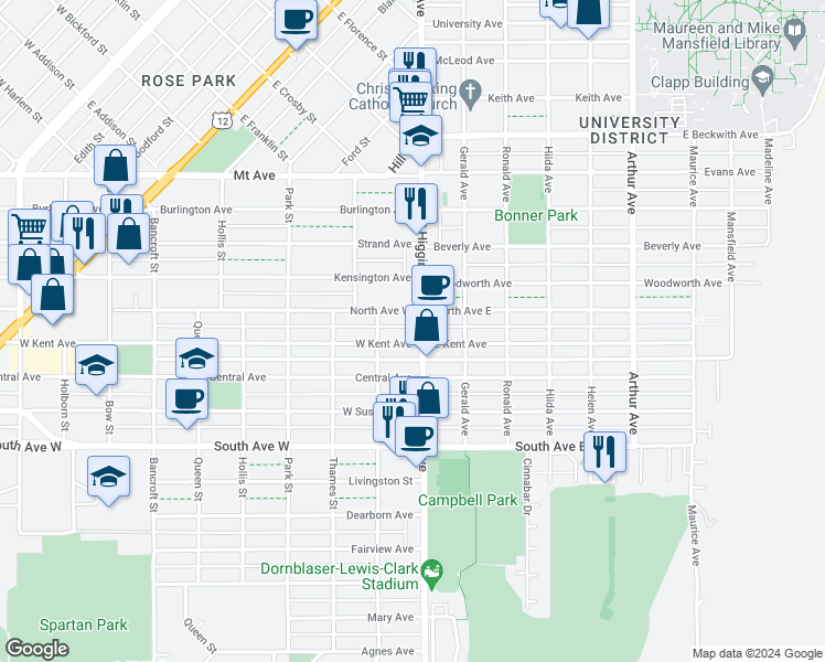 map of restaurants, bars, coffee shops, grocery stores, and more near 106 North Avenue West in Missoula
