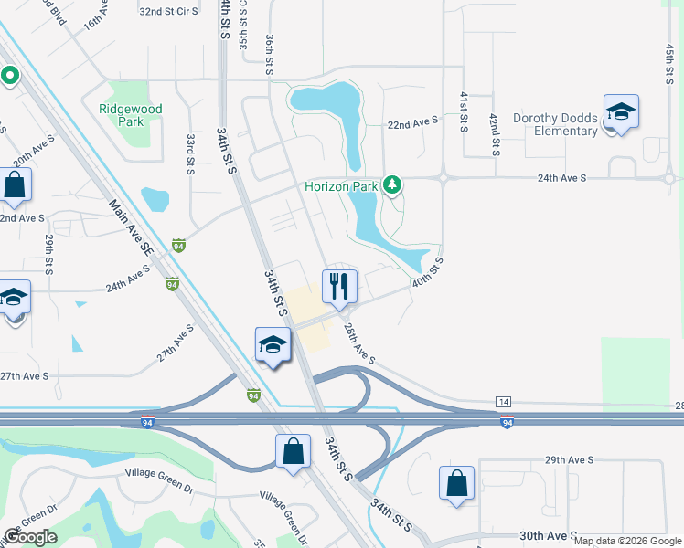 map of restaurants, bars, coffee shops, grocery stores, and more near 2720 36th Street South in Moorhead