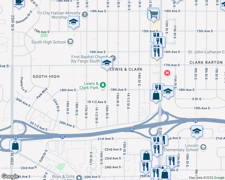 map of restaurants, bars, coffee shops, grocery stores, and more near 1742 16th Street South in Fargo