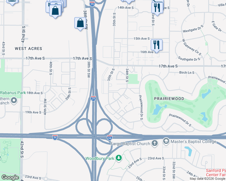 map of restaurants, bars, coffee shops, grocery stores, and more near 1744 35th Street South in Fargo