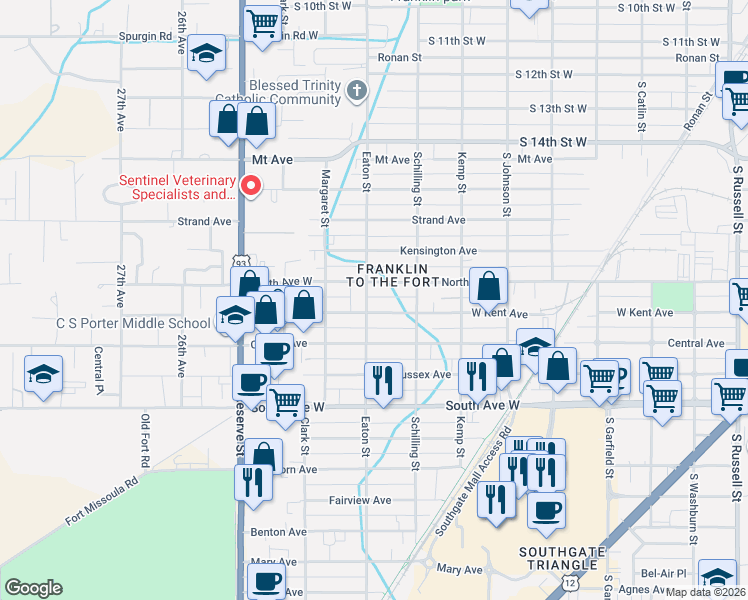 map of restaurants, bars, coffee shops, grocery stores, and more near 2304 North Avenue West in Missoula
