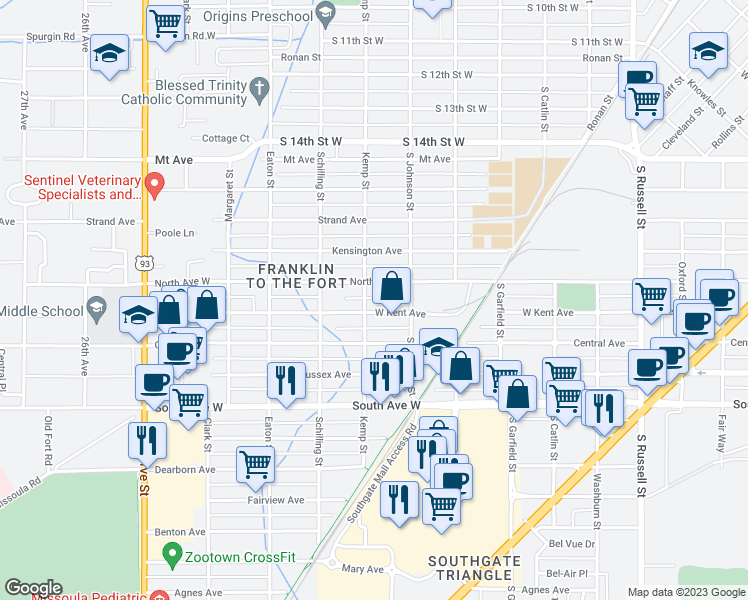 map of restaurants, bars, coffee shops, grocery stores, and more near 2020 Kemp Street in Missoula