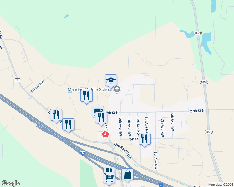 map of restaurants, bars, coffee shops, grocery stores, and more near 2901 12th Avenue Northwest in Mandan