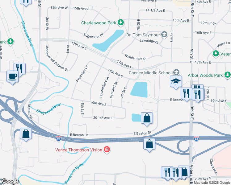 map of restaurants, bars, coffee shops, grocery stores, and more near 1850 Pentland Street in West Fargo