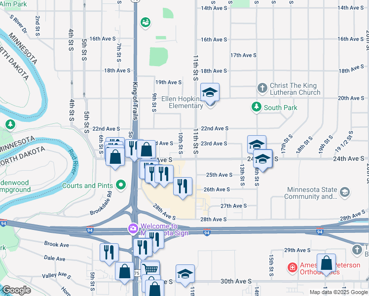 map of restaurants, bars, coffee shops, grocery stores, and more near 2214 10th Street South in Moorhead