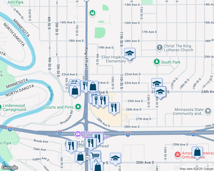 map of restaurants, bars, coffee shops, grocery stores, and more near 918 23rd Avenue South in Moorhead