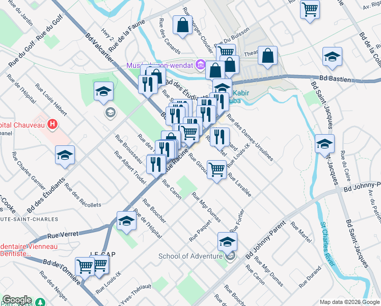 map of restaurants, bars, coffee shops, grocery stores, and more near 3 Rue Giroux in Ville de Québec