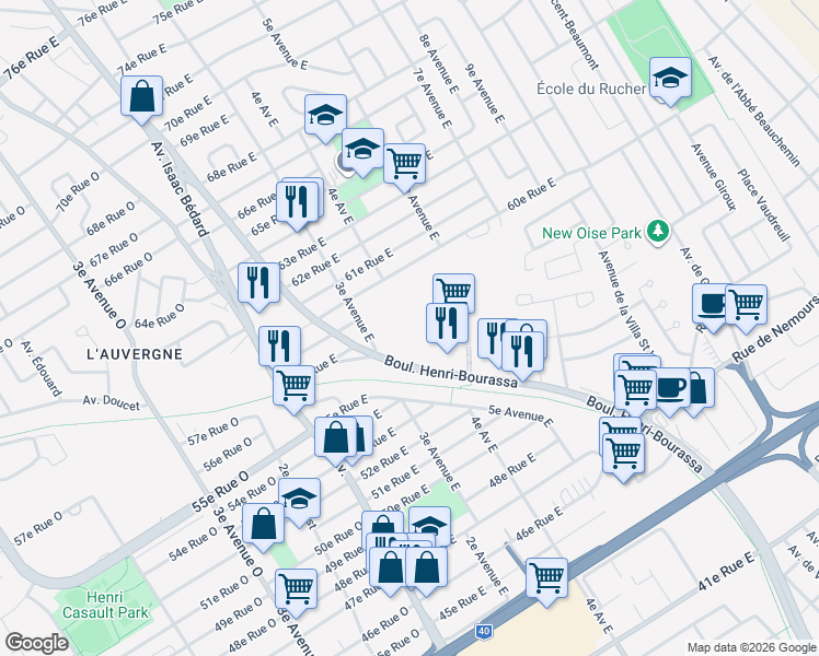 map of restaurants, bars, coffee shops, grocery stores, and more near 5520 Boulevard Henri-Bourassa in Québec