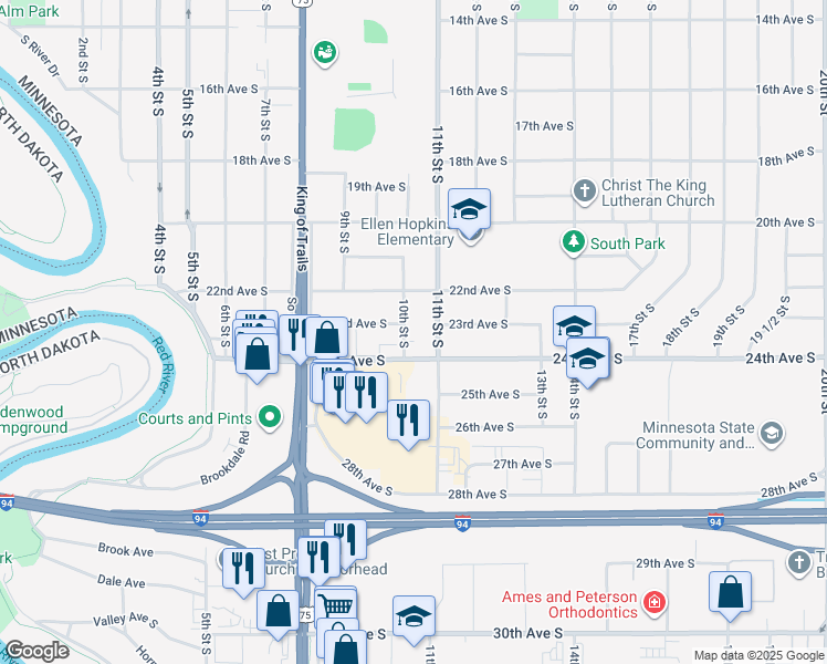 map of restaurants, bars, coffee shops, grocery stores, and more near 2214 10th Street South in Moorhead