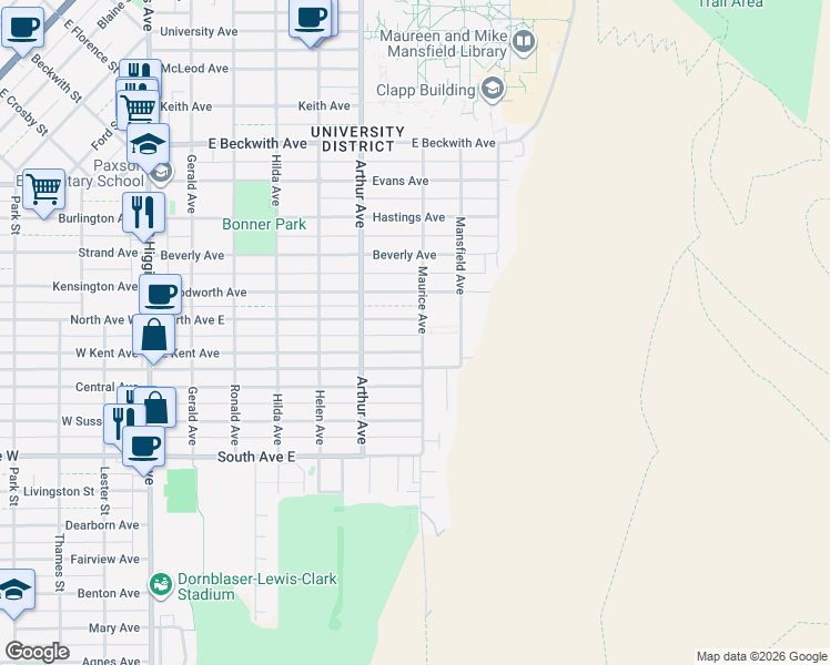 map of restaurants, bars, coffee shops, grocery stores, and more near 2000 Maurice Avenue in Missoula