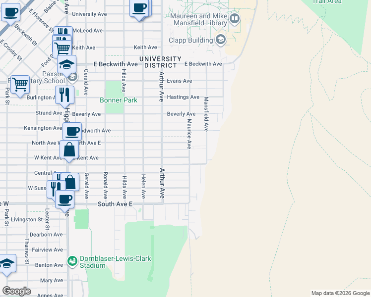 map of restaurants, bars, coffee shops, grocery stores, and more near 2000 Maurice Avenue in Missoula