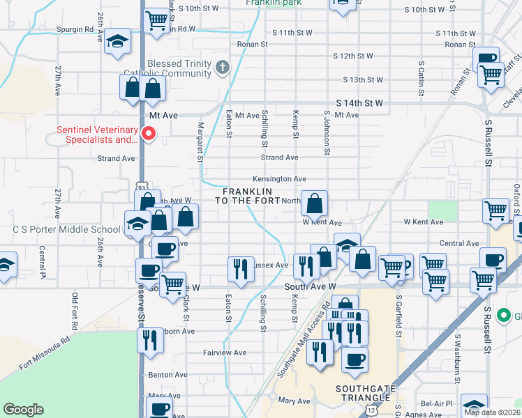 map of restaurants, bars, coffee shops, grocery stores, and more near 2220 North Avenue West in Missoula