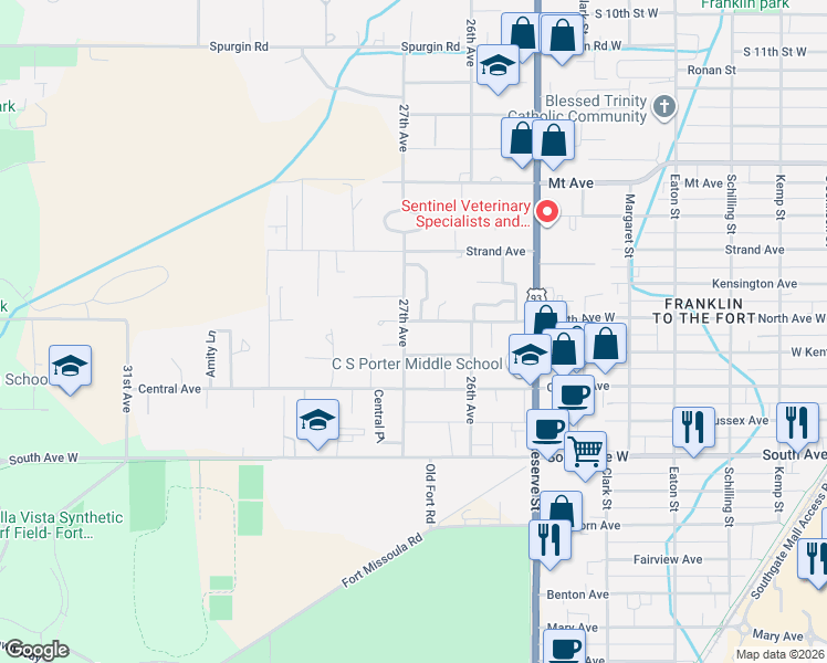 map of restaurants, bars, coffee shops, grocery stores, and more near 1901-1999 27th Ave in Missoula