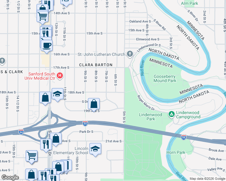 map of restaurants, bars, coffee shops, grocery stores, and more near 1738 6th Street South in Fargo