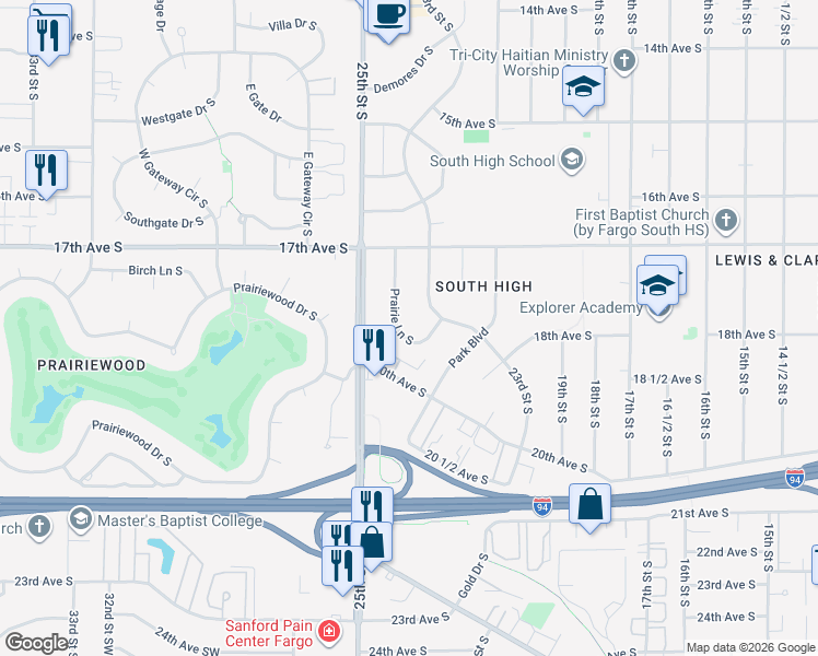 map of restaurants, bars, coffee shops, grocery stores, and more near 1743 23rd St S in Fargo