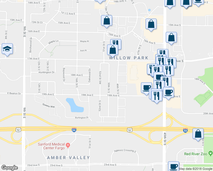 map of restaurants, bars, coffee shops, grocery stores, and more near 1816 50th Street South in Fargo