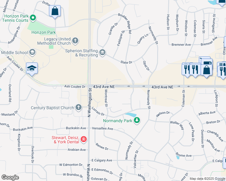 map of restaurants, bars, coffee shops, grocery stores, and more near 4217 Montreal Street in Bismarck