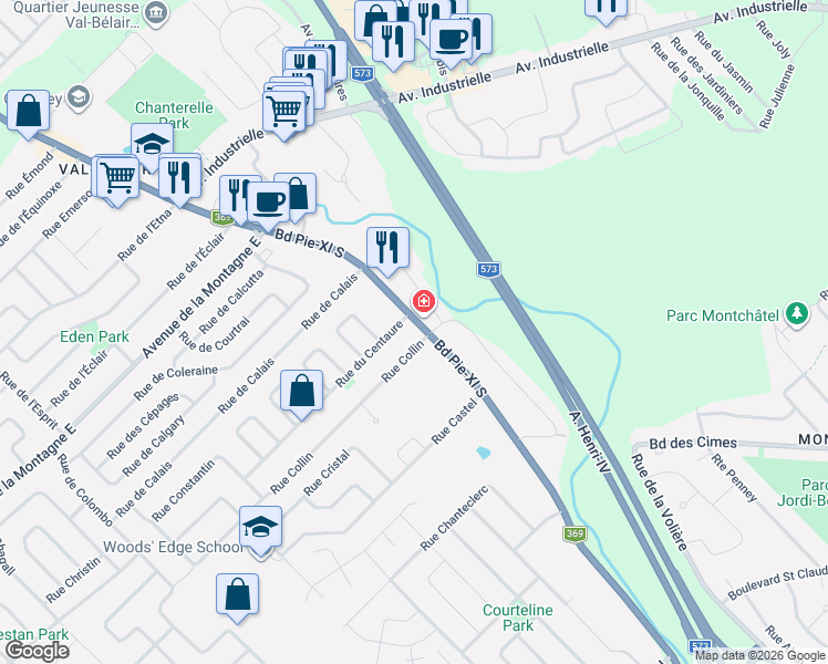 map of restaurants, bars, coffee shops, grocery stores, and more near 1149 Boulevard Pie-XI Sud in Québec