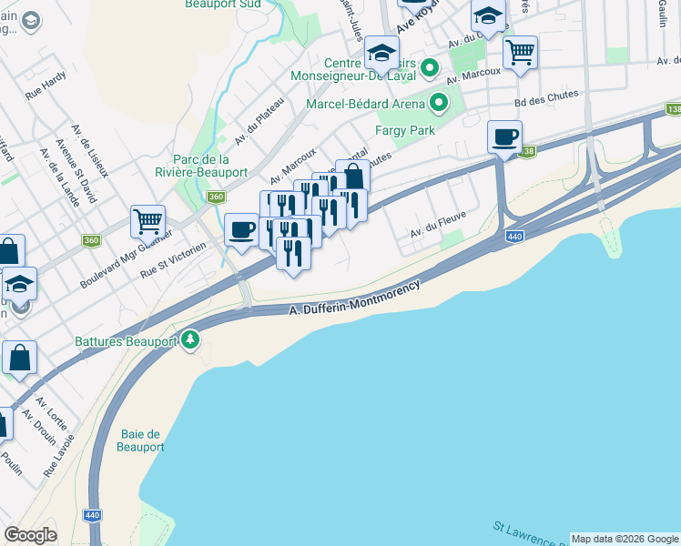 map of restaurants, bars, coffee shops, grocery stores, and more near 3436 Boulevard Sainte-Anne in Québec