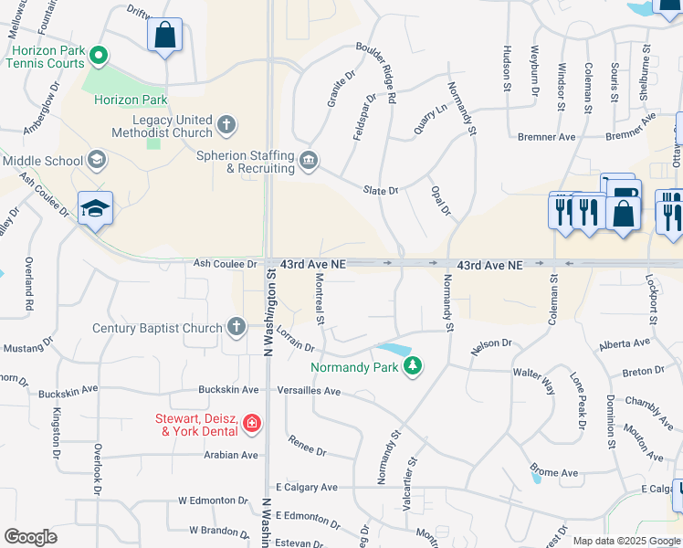 map of restaurants, bars, coffee shops, grocery stores, and more near 4217 Montreal Street in Bismarck
