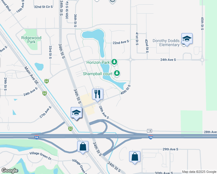 map of restaurants, bars, coffee shops, grocery stores, and more near 2745 40th Street South in Moorhead