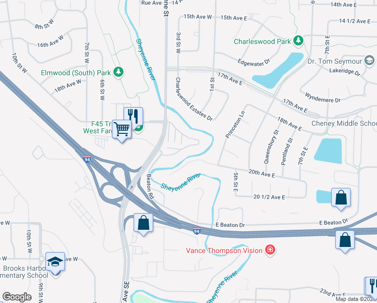 map of restaurants, bars, coffee shops, grocery stores, and more near 1949 Sheyenne Street in West Fargo