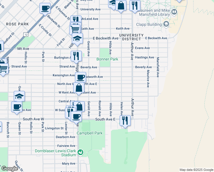 map of restaurants, bars, coffee shops, grocery stores, and more near 335 North Avenue East in Missoula