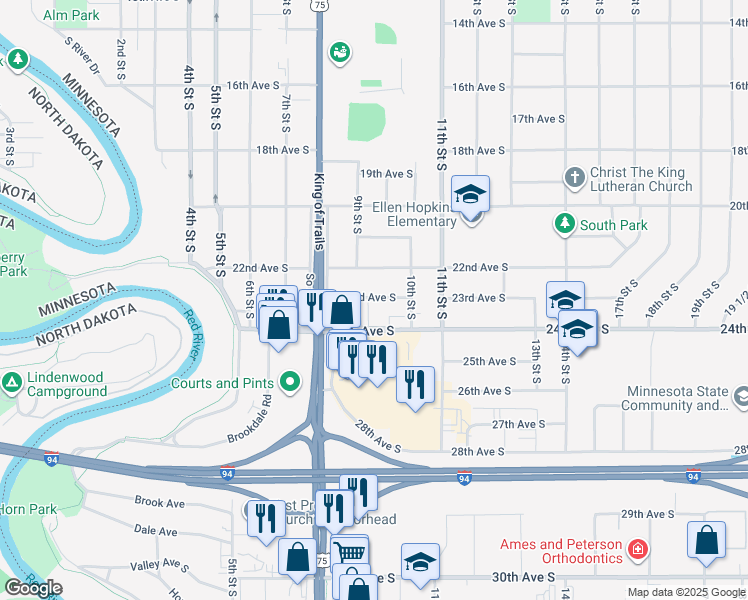 map of restaurants, bars, coffee shops, grocery stores, and more near 818 23rd Avenue South in Moorhead