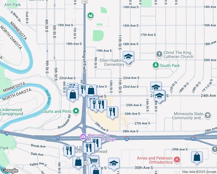 map of restaurants, bars, coffee shops, grocery stores, and more near 918 23rd Avenue South in Moorhead