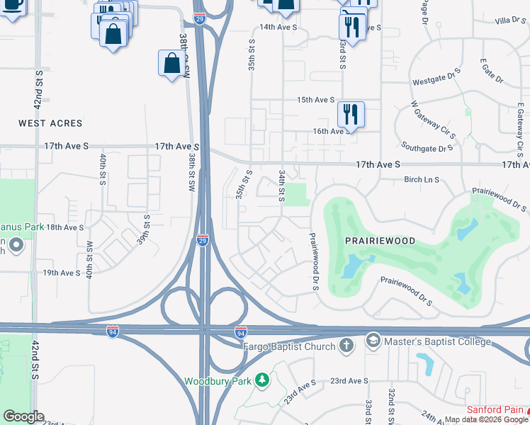 map of restaurants, bars, coffee shops, grocery stores, and more near 1751 34th Street South in Fargo