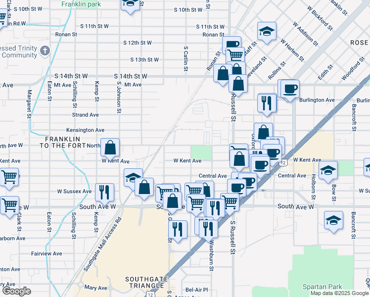 map of restaurants, bars, coffee shops, grocery stores, and more near 1711 North Avenue West in Missoula