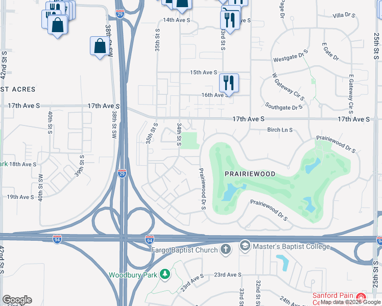 map of restaurants, bars, coffee shops, grocery stores, and more near 3311 West Prairiewood Dr S in Fargo