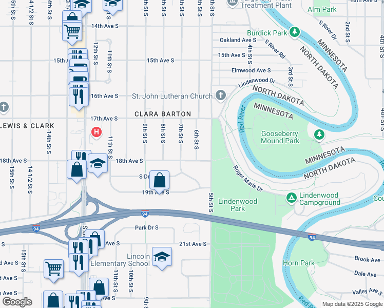 map of restaurants, bars, coffee shops, grocery stores, and more near 1738 6th Street South in Fargo