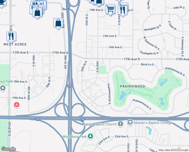 map of restaurants, bars, coffee shops, grocery stores, and more near 1751 34th Street South in Fargo