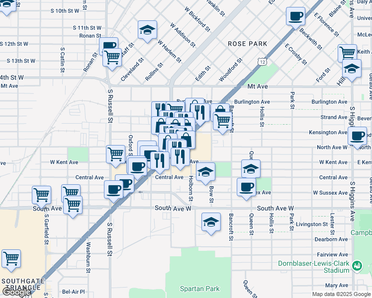 map of restaurants, bars, coffee shops, grocery stores, and more near 1906 Brooks St in Missoula