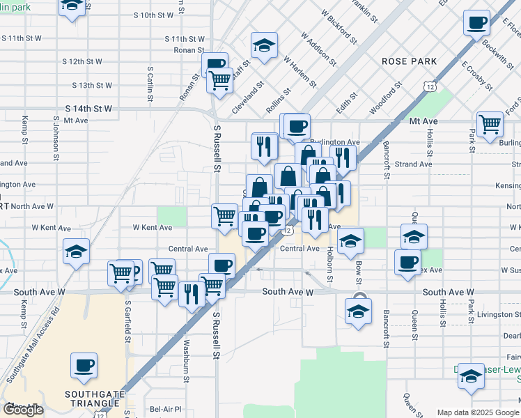 map of restaurants, bars, coffee shops, grocery stores, and more near in Missoula