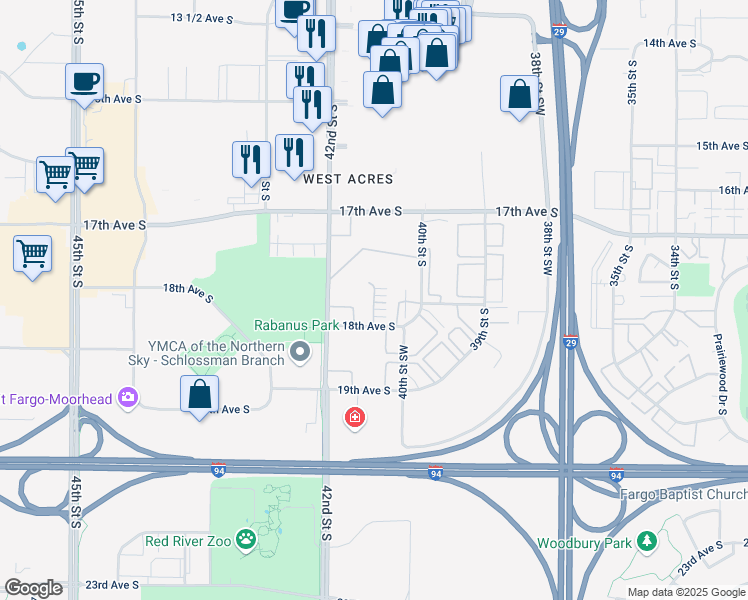 map of restaurants, bars, coffee shops, grocery stores, and more near 4161 18th Avenue South in Fargo