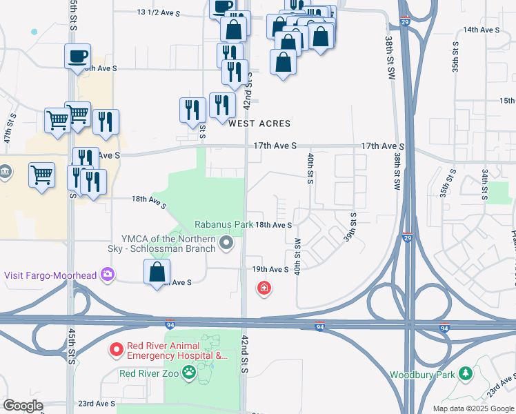 map of restaurants, bars, coffee shops, grocery stores, and more near 1760 42nd Street South in Fargo