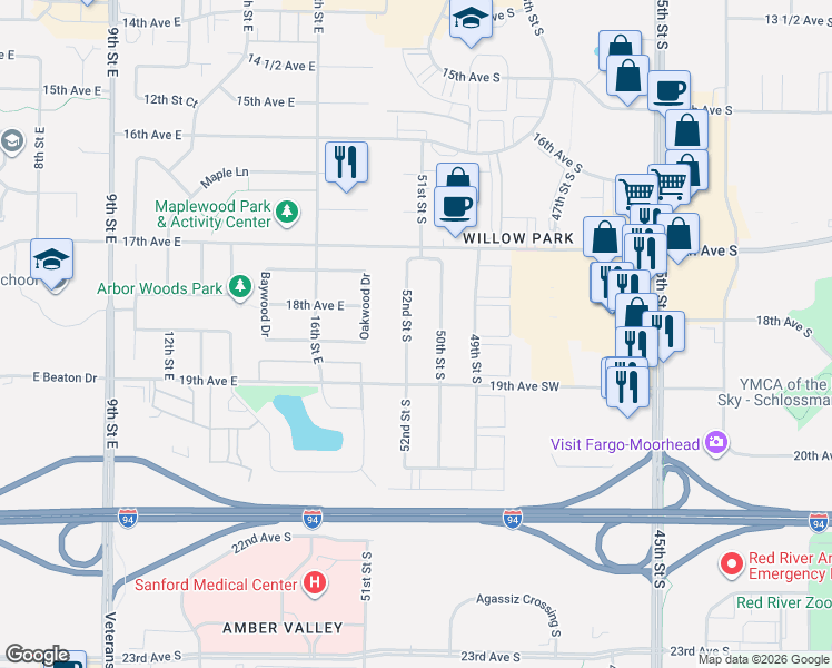 map of restaurants, bars, coffee shops, grocery stores, and more near 1724-1998 52nd St SW in Fargo