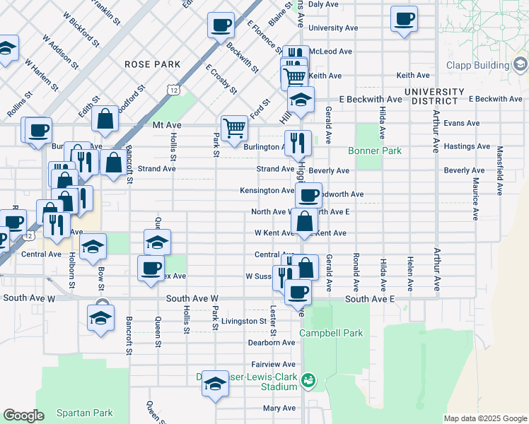 map of restaurants, bars, coffee shops, grocery stores, and more near 217 North Ave West in Missoula